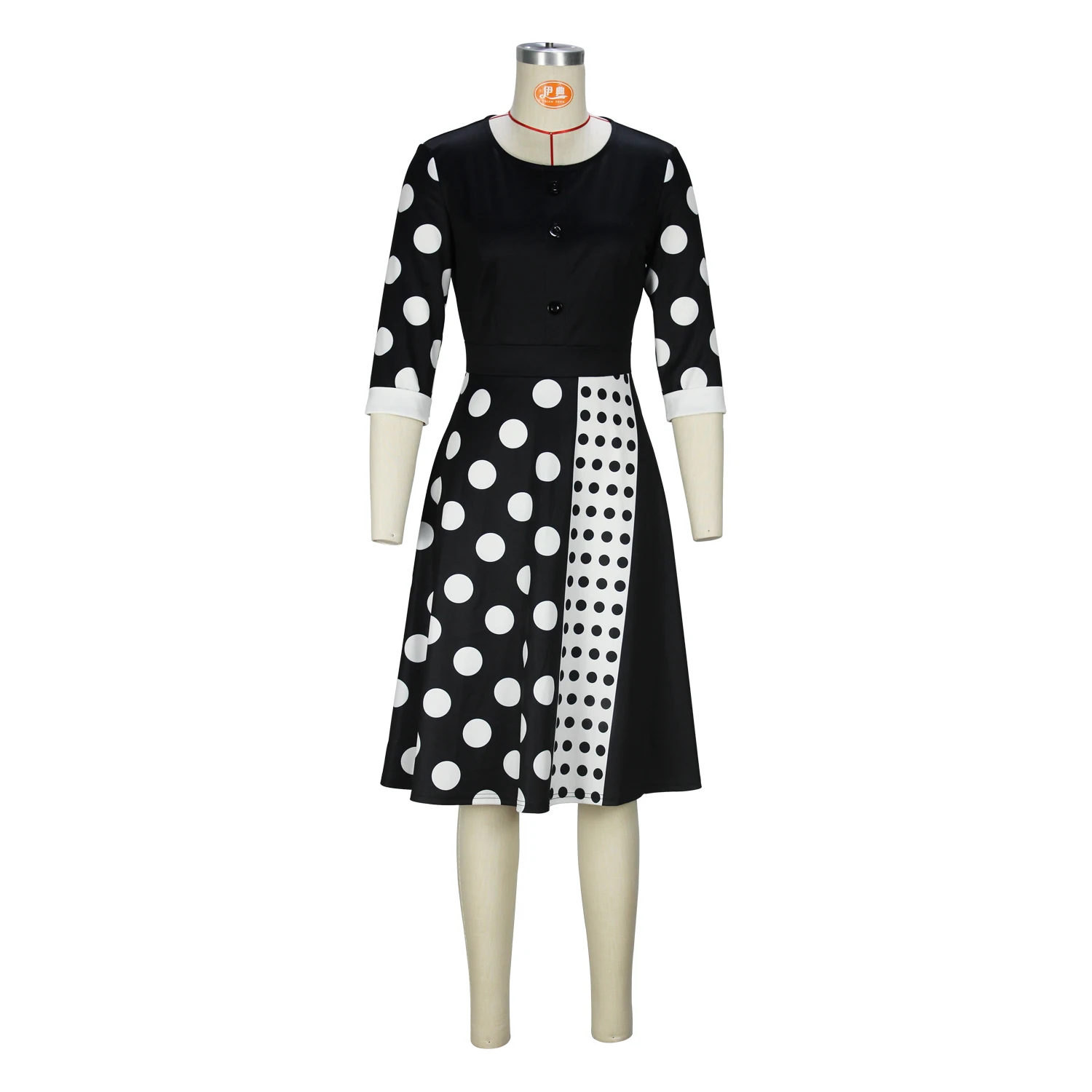 Polka Dots Print Button Decorate Dress, Elegant 3/4 Sleeve Dress Spring & Fall, Women\'s Clothing