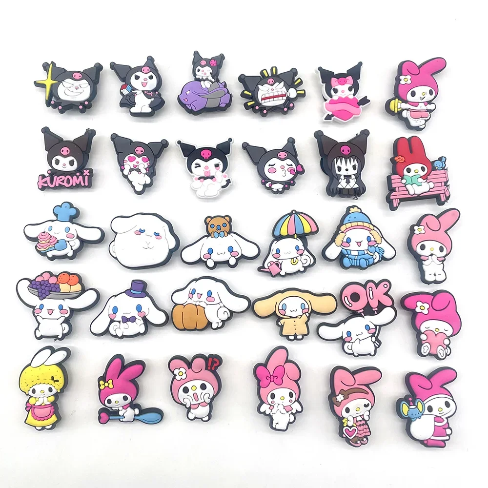 10-30 sztuk Sanrio buta Charms Kawaii Kuromi Cinnamoroll melodia akcesoria do obuwia dekracji krokodyle DIY sandały dla prezenty dla dzieci