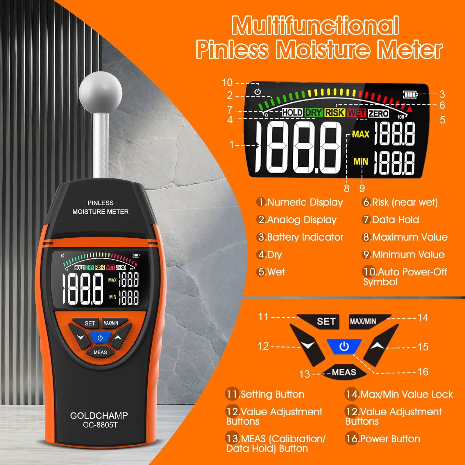 8805T Non-Contact Moisture Meter 20-40mm Depth 0-100, Color LCD Rechargeable Medidor de Humedad CE for EU Building Inspector