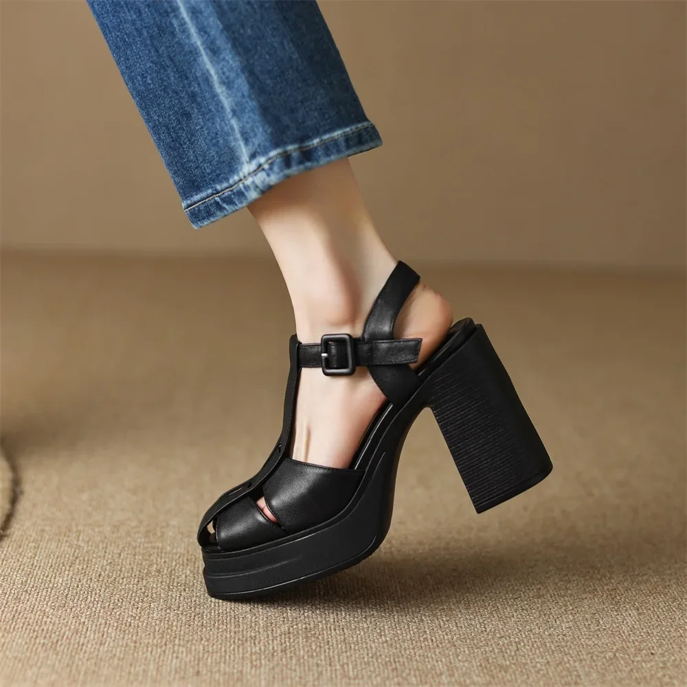 Summer Women Sandals 2024 New Platform Genuine Leather Shoes Handmade Rome Style Thick High Heels Lady Footwear Black 40