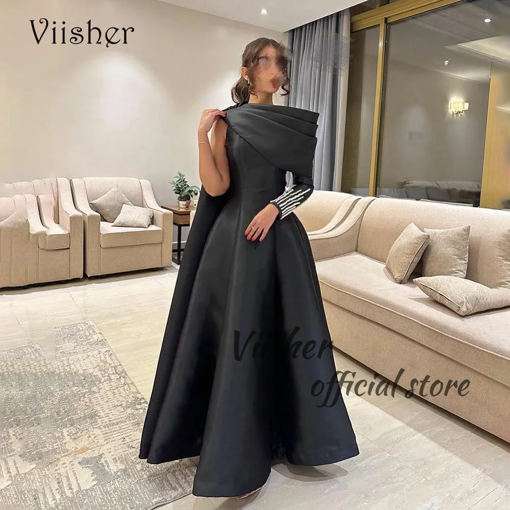 

Viisher Black One Sleeve Evening Dresses Pleats Satin A Line Dubai Arabic Formal Prom Dress Long Women Evening Party Gowns