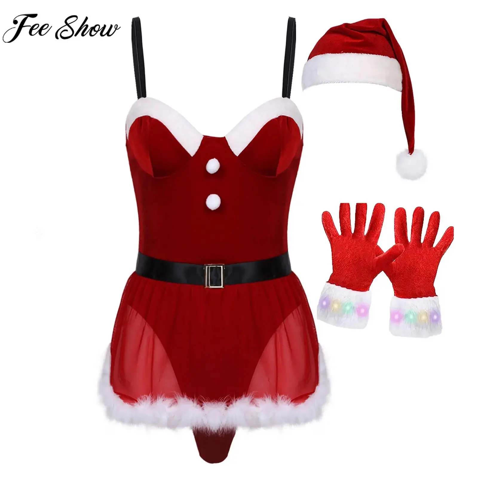 

Women Christmas New Year Theme Party Santa Claus Cosplay Costume Sleeveless Velvet Bodysuit with Apron Xmas Hat Gloves Nightwear