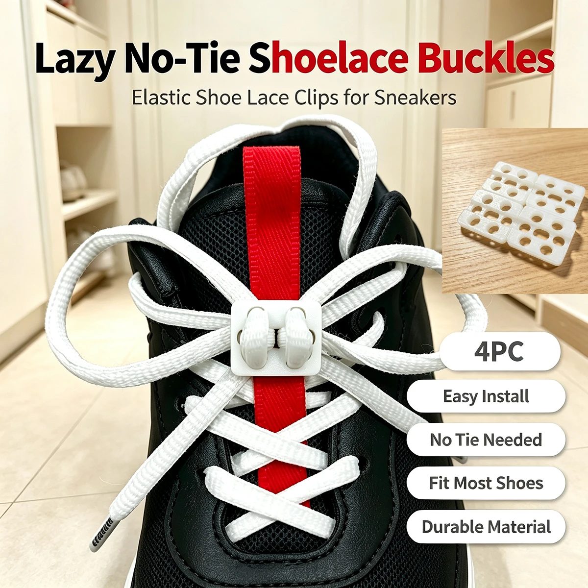 3D White 4-Pack Lazy No-Tie Shoelace Buckles, Square Double-Hole Elastic Shoelace Locks, Universal No-Tie Shoelace Fasteners for Sneakers and Canvas Shoes