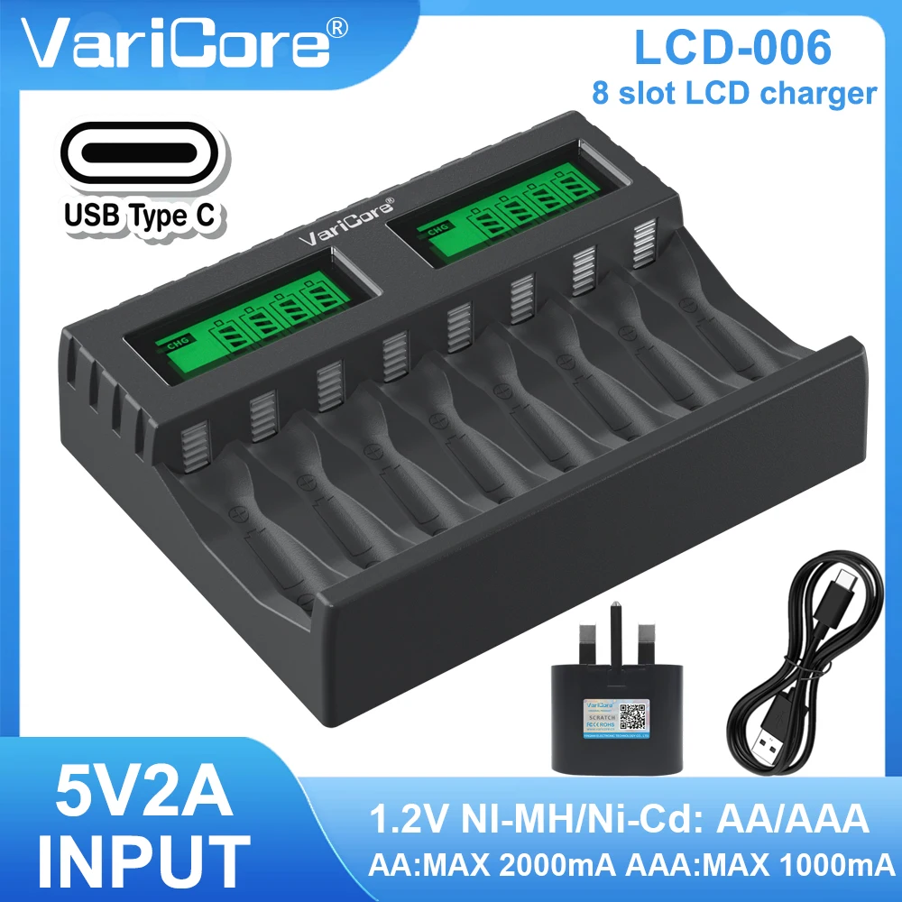 شاحن بطارية VariCore LCD-006 ذو 8 فتحات لبطاريات AA AAA Ni-MH القابلة لإعادة الشحن، شاحن ذكي عالمي مع شاشة LCD #3