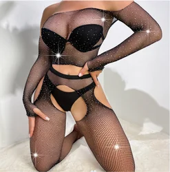 Sexy Rhinestone Fishnet Bodystocking Top Crotchless Pantyhose 2 Piece Suit Crystal Lingerie