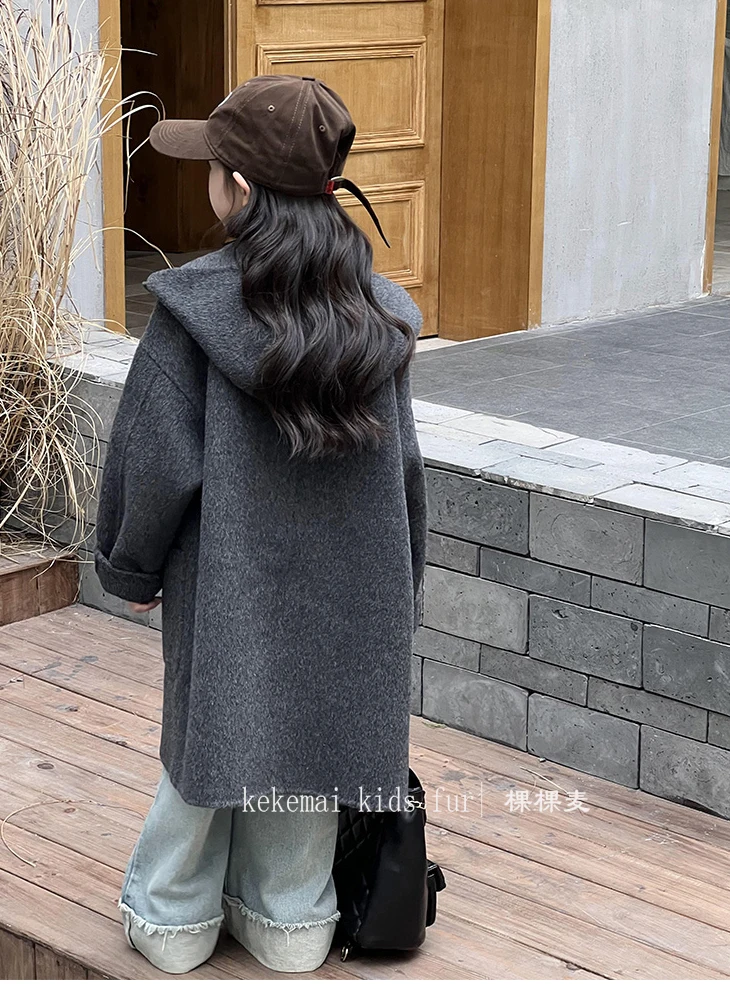 Double-sided Wool Children's Hooded Coat Autumn Winter Rice White Cashmere Boys and Girls Coats Elegant High-end Children's Wear