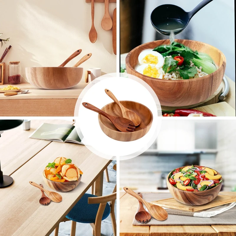 Wooden Salad Bowl-Large 9.4 Inch Acacia Wood Salad Wooden Bowl With Spoon, Can Be Used For Fruit, Salad