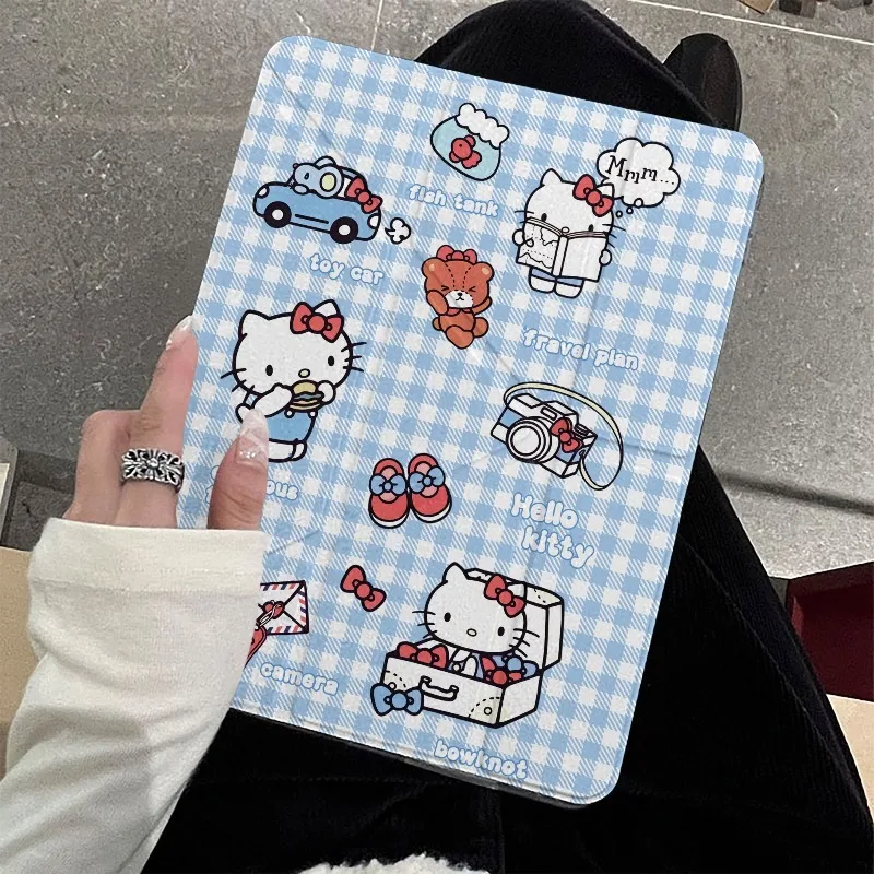 

HelloKitty IPad Case Blue Plaid Cover for IPad Air8/7 2025 Mini7 Air6 A16 11 10th 10.9in Air4/5 Tablet Case with Auto Sleep/Wake
