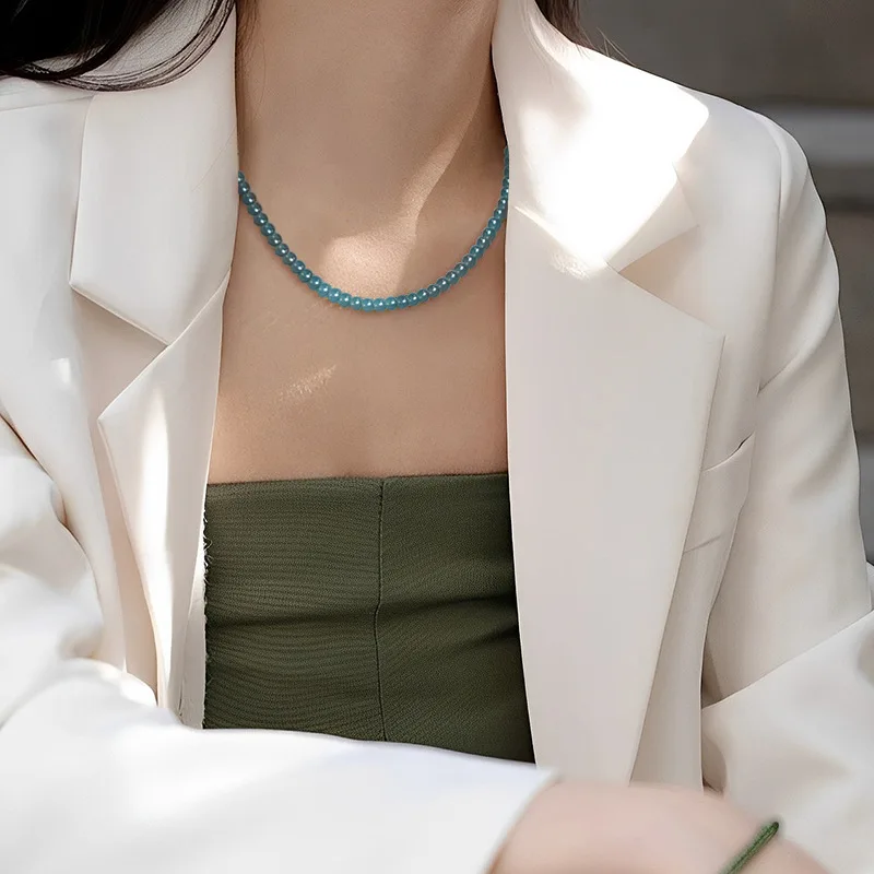 Natural A-grade Jadeite Blue Water 4.5mm Xiaomi Bead Necklace Ice Seed Jade Three-Circle Bracelet Sweater Chain Women's Jewelry