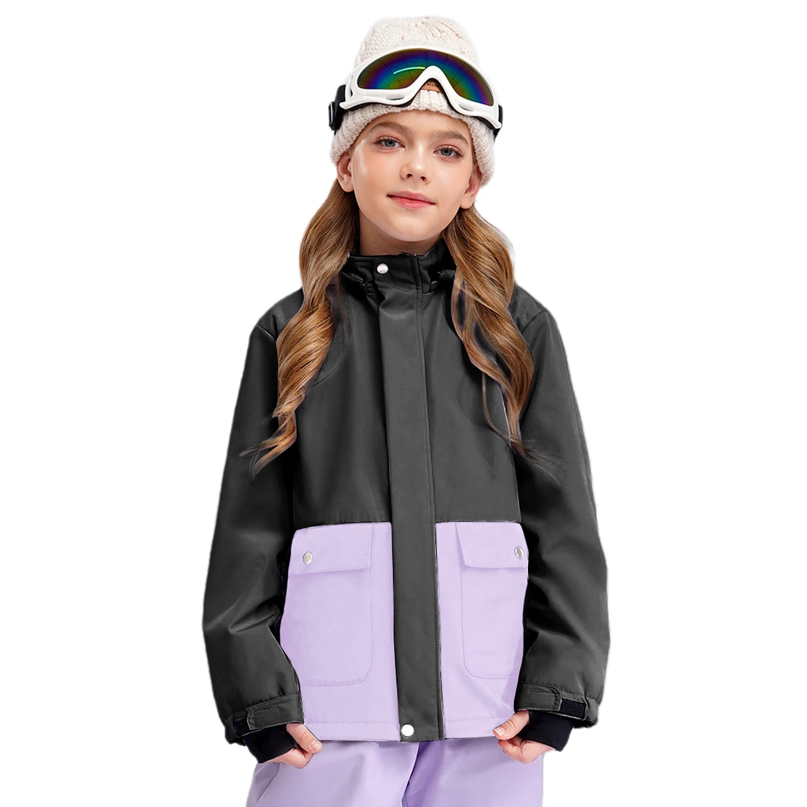 Kids Girls Color Block Ski Jacket Long Sleeve Skiing Hooded Coat Winter Children Outdoor Snow Sport Outerwear Snowboarding Coats