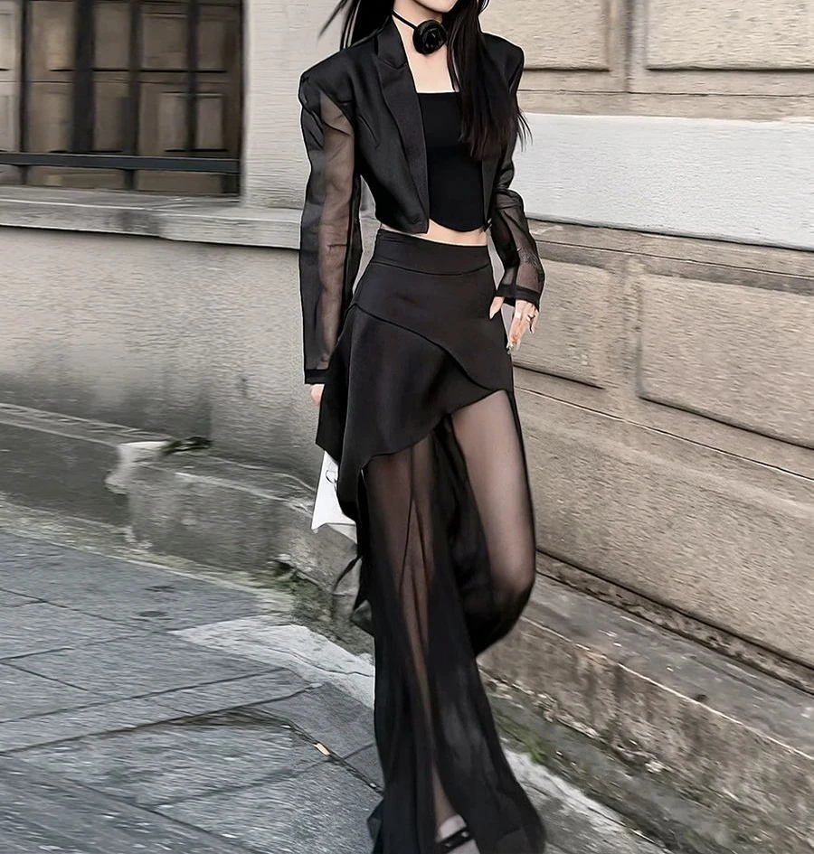 中空ウエストストラップデザインショートジャケット感2025夏スーツレディース薄手メッシュスプライシングパンツ2点セット