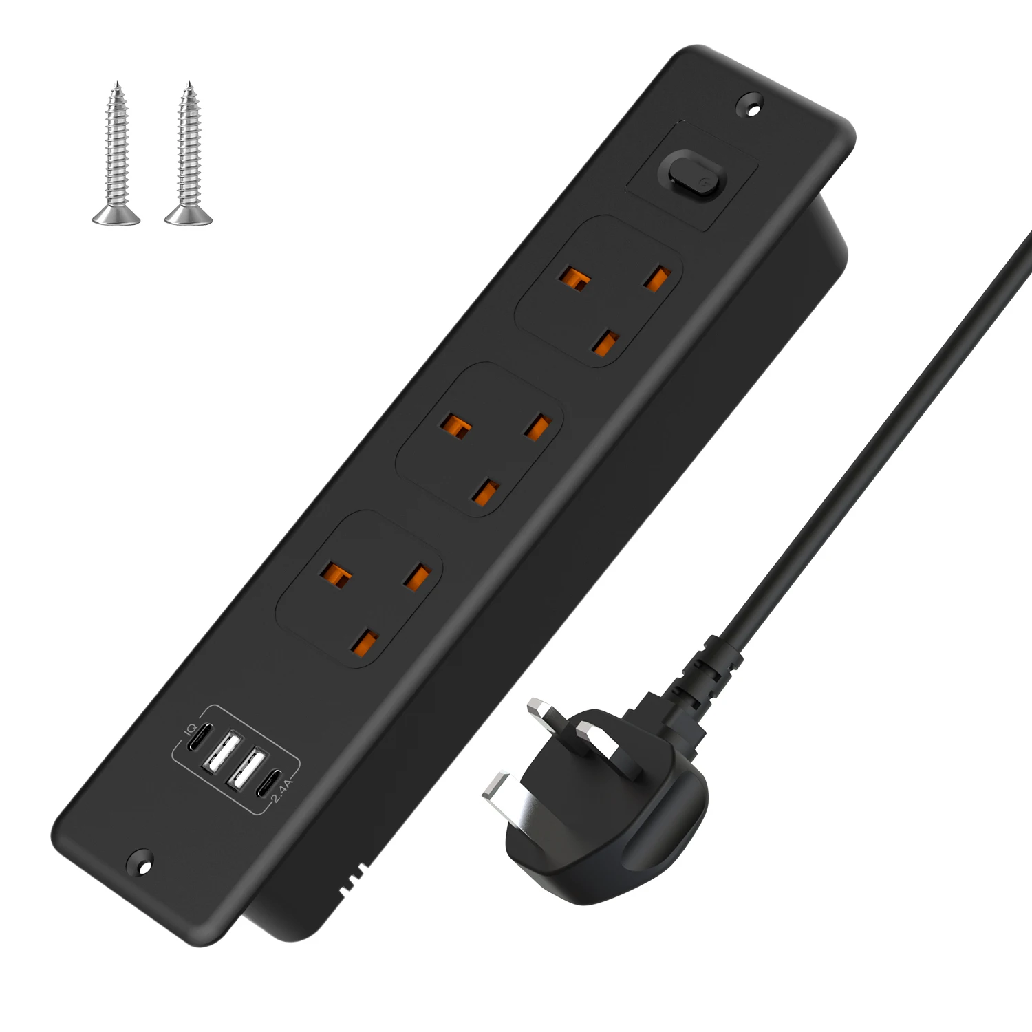 UK standard built in power socket with 2 USB A and 2 Type C, Desktop Power Strip 3 AC outlets, 1.8m extension cable