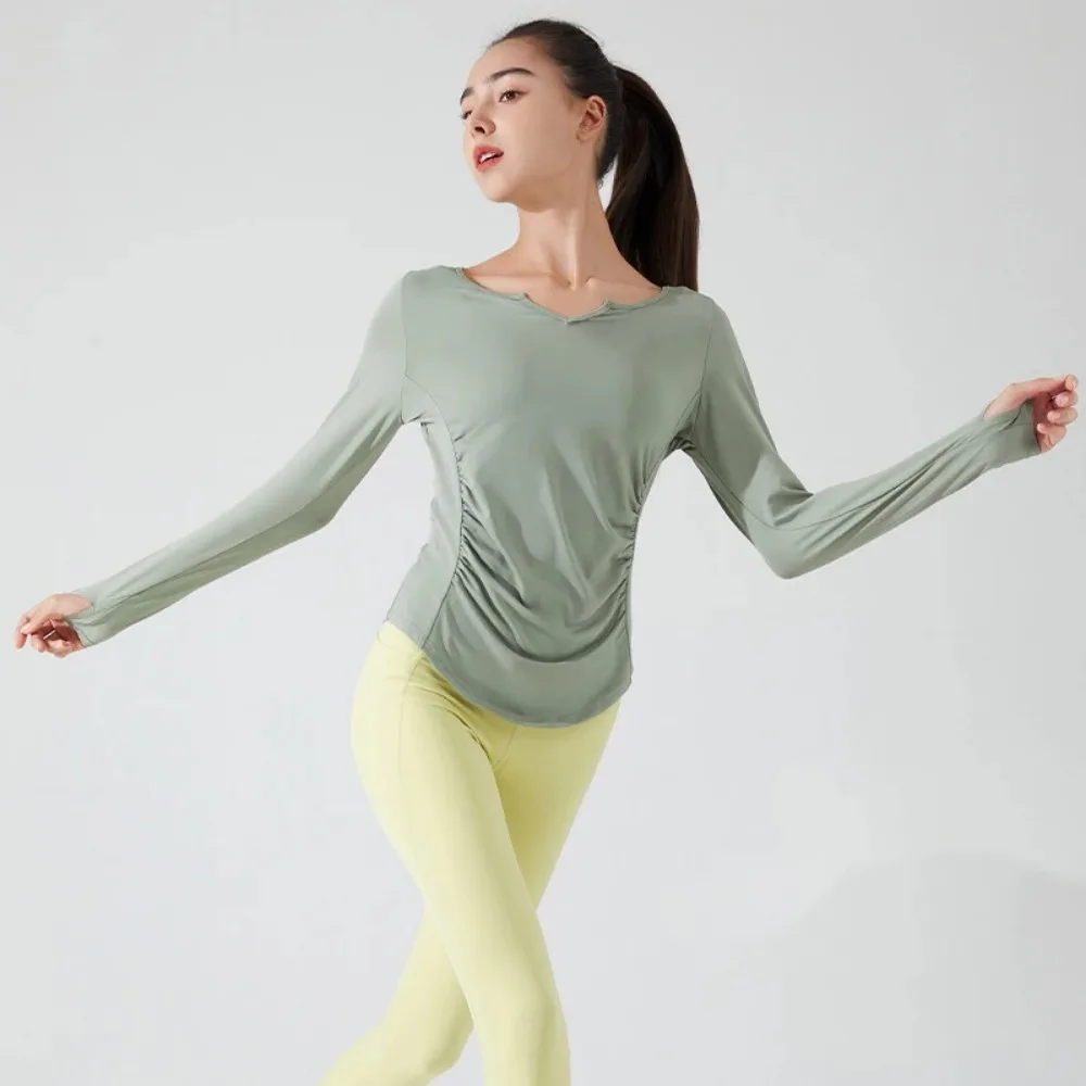 Stown Sportswear Bodybuilding Long Sleeve T Shirt Gym Fitness Women Clothing with Thumb Hole Pleated Slimming Pilates Yoga Top