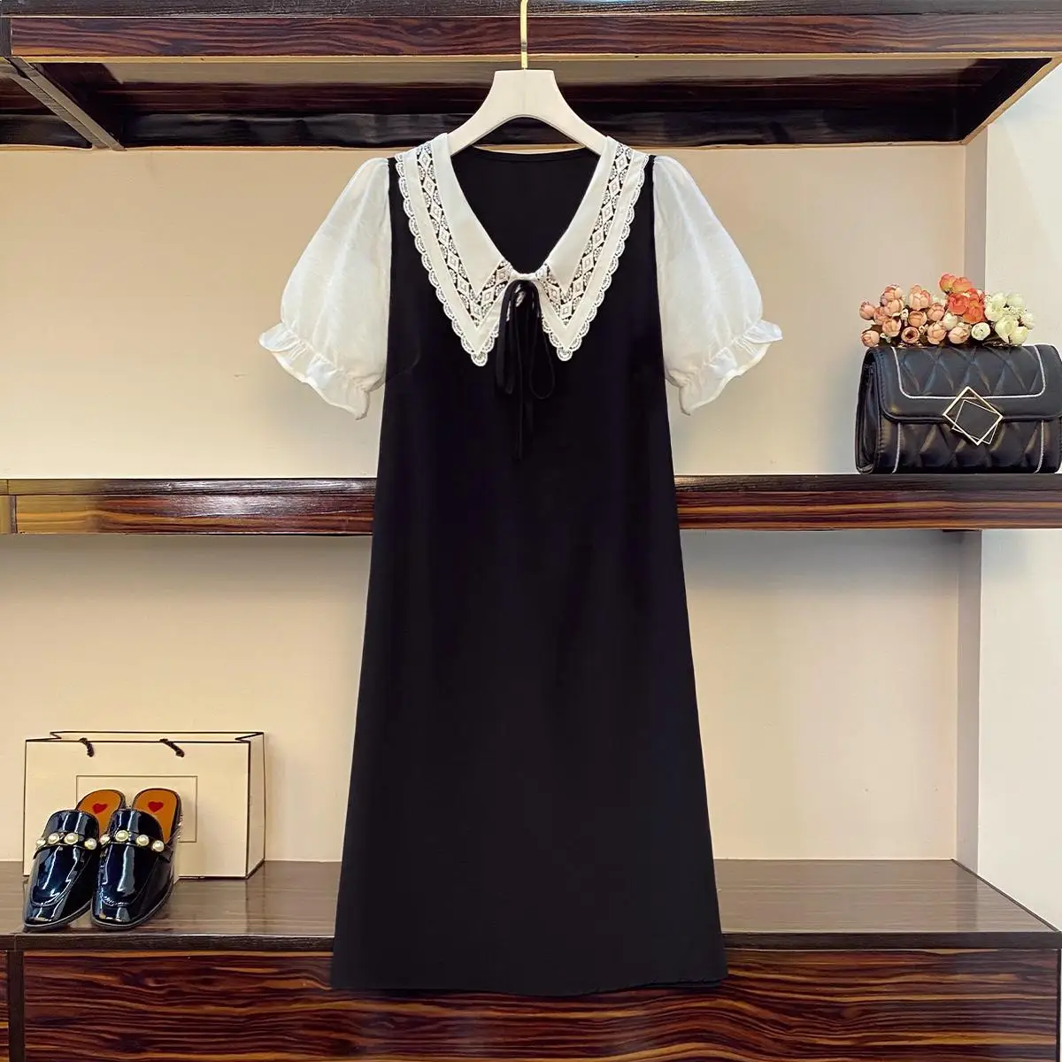 Women Chiffon T-shirt Dresses Summer Female V Neck Short Puff Sleeve Large Size Elegant Black Blue A Line Knee-length Vestidos