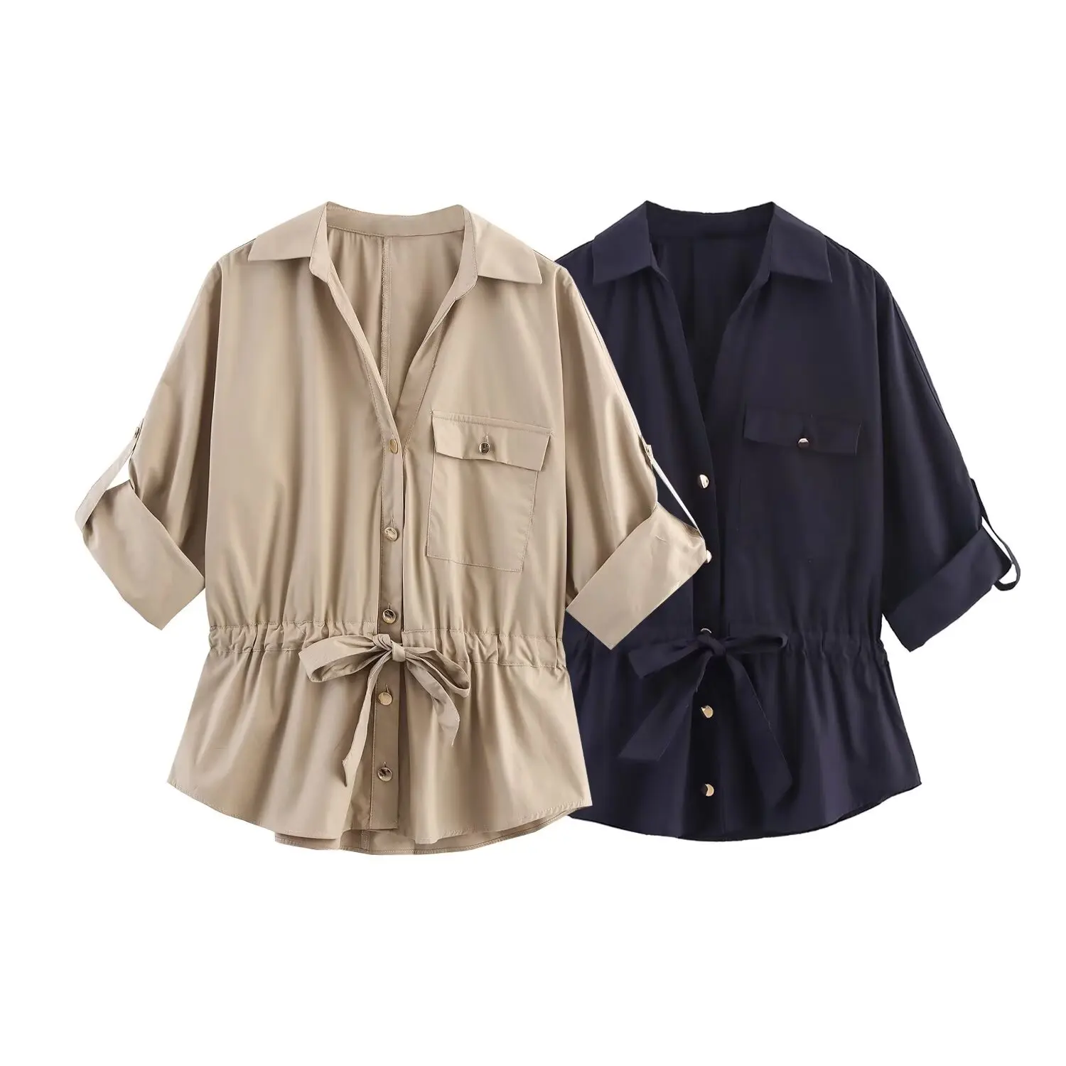 

Новая женская рубашка, облегающая талию, дизайн с лацканами, пуговица спереди, открывающаяся и закрывающаяся, повседневная и изысканная женская рубашка из поплина сафари