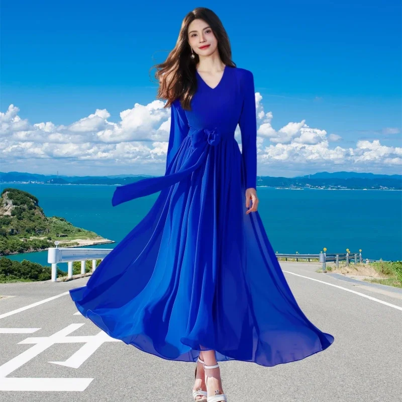 

Long Skirt Solid Color Knee Length Chiffon Dress 2025 Spring Autumn Long Sleeved Slimming Beach Long Skirt Beach Vacation Dress