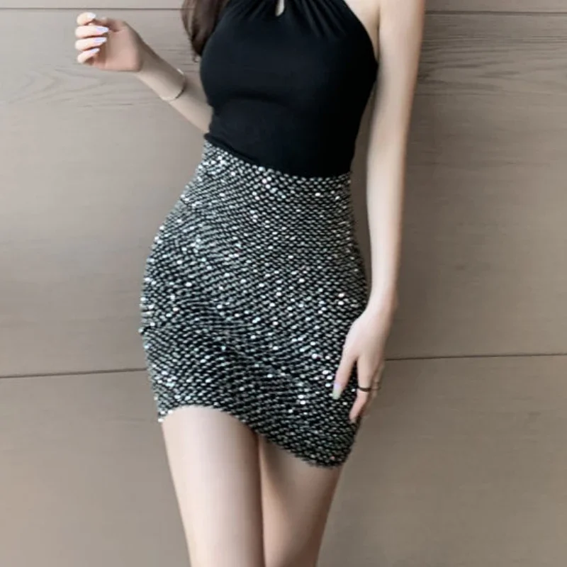 Womens Stylish Sexy Short Skirts Sequin Hip Elasticity High Waist Korean Style Fashion Wrap Tight Mini Skirt for Women Elegant