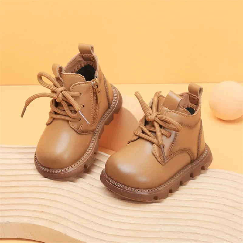 2024 New Autumn/Winter Baby Boots For Boys Leather Kids Ankle Boots With Short Fur Soft Sole Fashion Toddler Children Boots