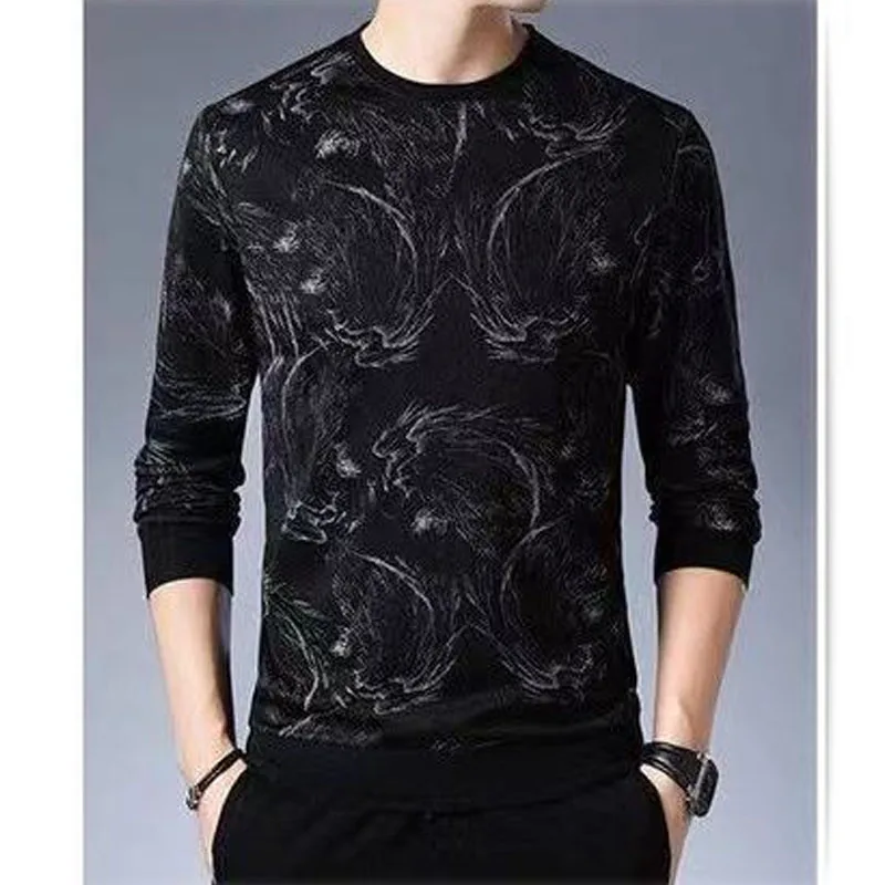 Autumn Winter Men's Trend Thickening Printed Pullovers Tops Long Sleeve Fashionable Handsome Round Neck T-shirt Male Clothes