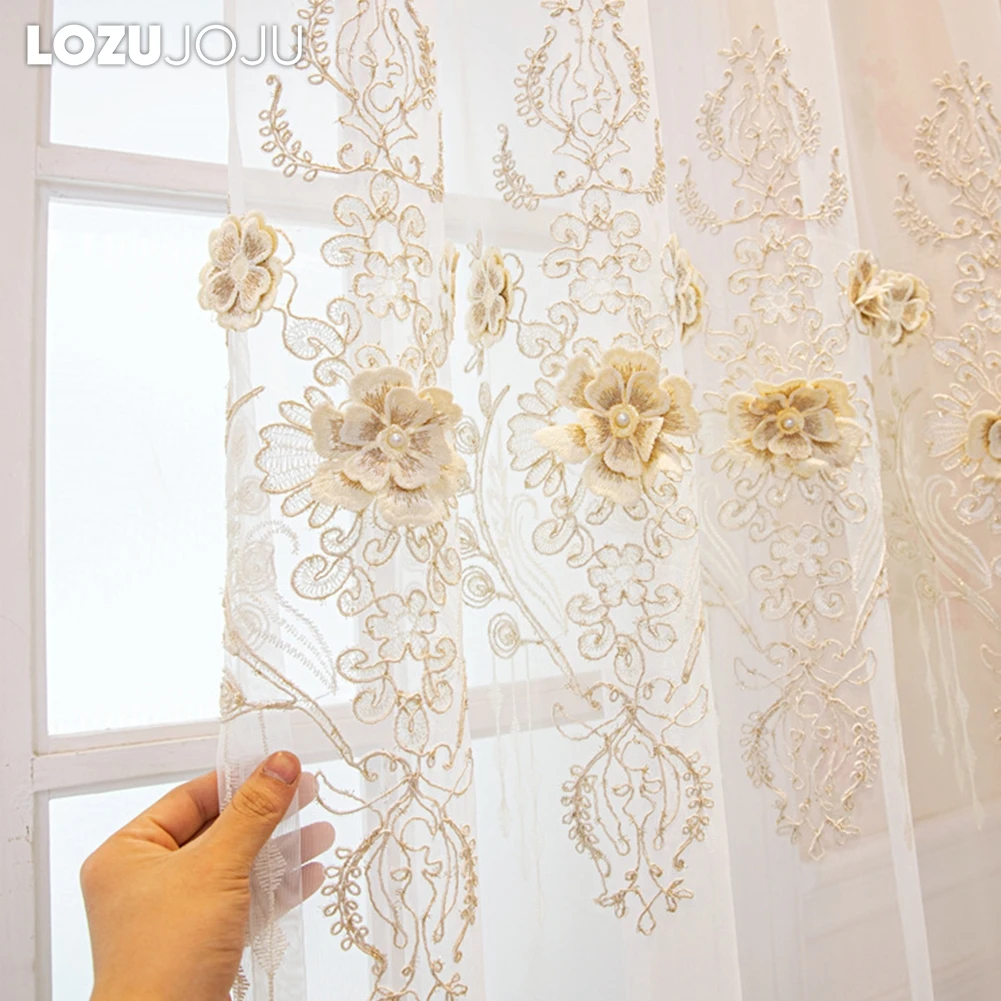 LOZUJOJU Pastoral Style Embroidered Tulle Curtain White Sheer Window Decor for Living Room Bedroom Hotel 1PC