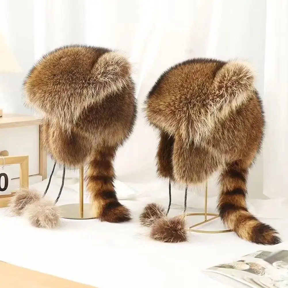 Plüsch Waschbär Pelzmütze Schwanz Frauen natürliche Waschbär Pelzmützen Hüte für Erwachsene/Kinder Winter dicke warme Ohren Mode warme Mütze – Detail 4