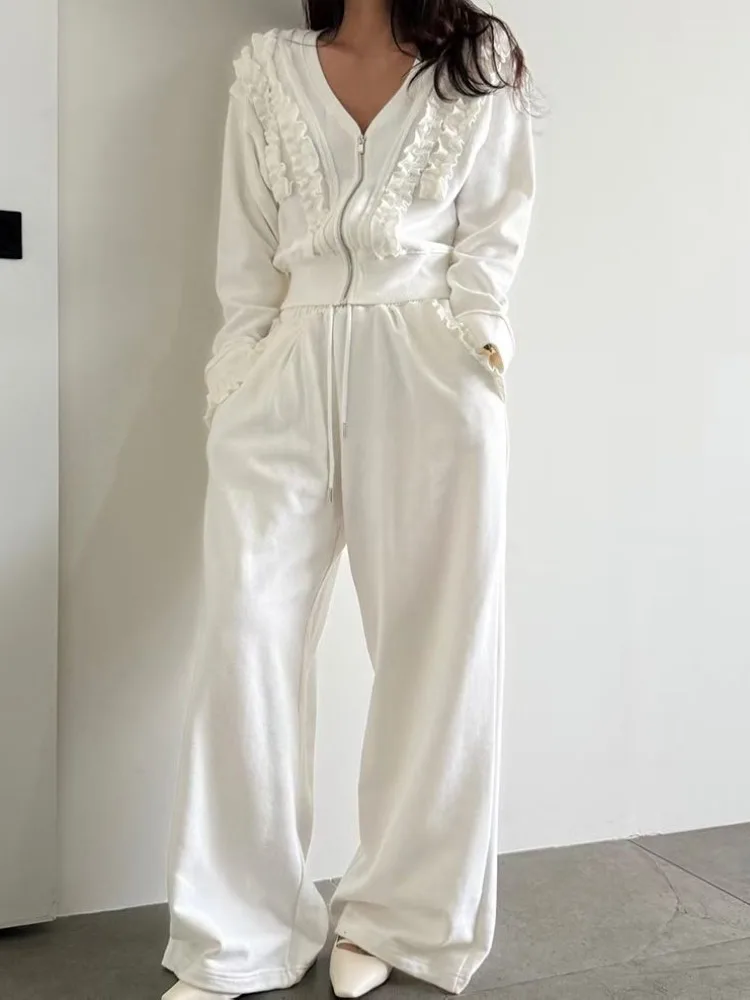 Fashionable Splice Wood Grain Ruffle Short Coat Women's Autumn New Design High Waist Casual Long Pants Set Street Style
