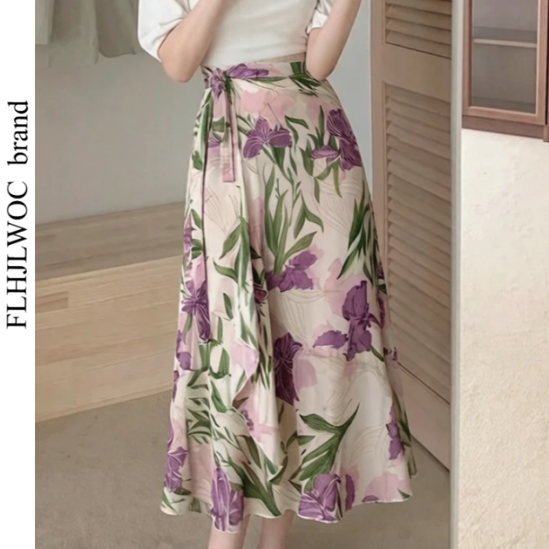 Cute Wrap-Up One-Piece Skirts FLHJLWOC Women's Holiday Bohemian Style Vacation Beach Bodycon Lace-Up Ruffle Floral Chiffon Skirt