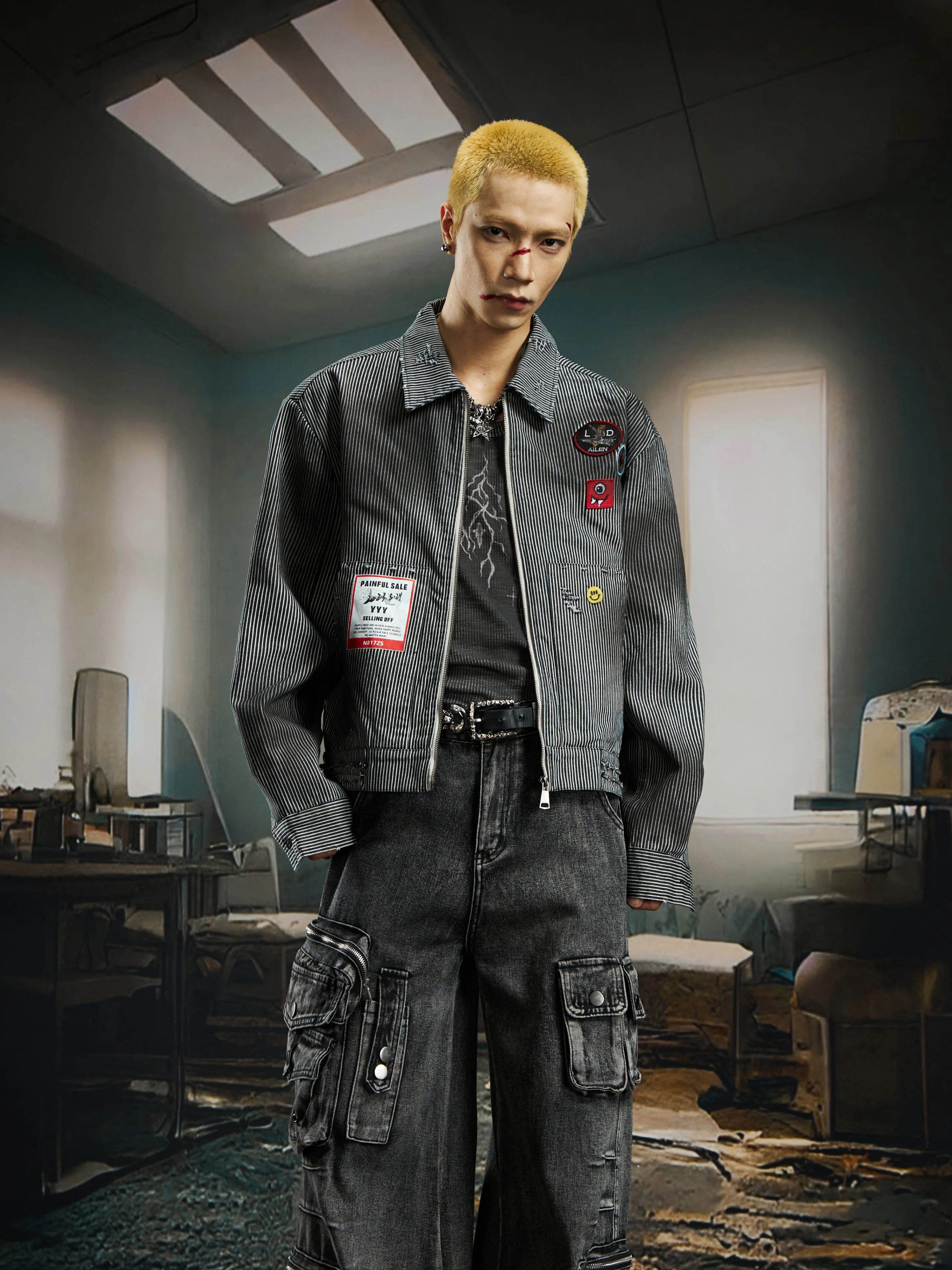 Dirty Dyed Machine Embroidery Patch Striped Lapel Zipper Coat Short Loose Jacket Men and Women
