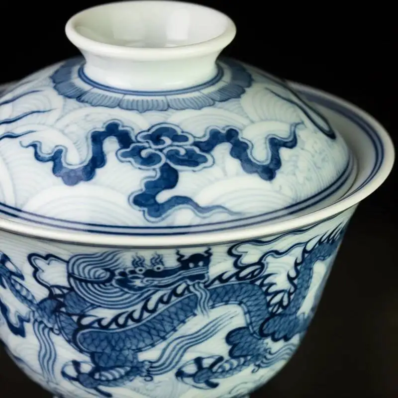 Sacred Mountain Jingdezhen Chai Kiln Blue And White Dragon Ceramic Hand-Painted Cover Cup Chinese Set Tea Brewing Bowl
