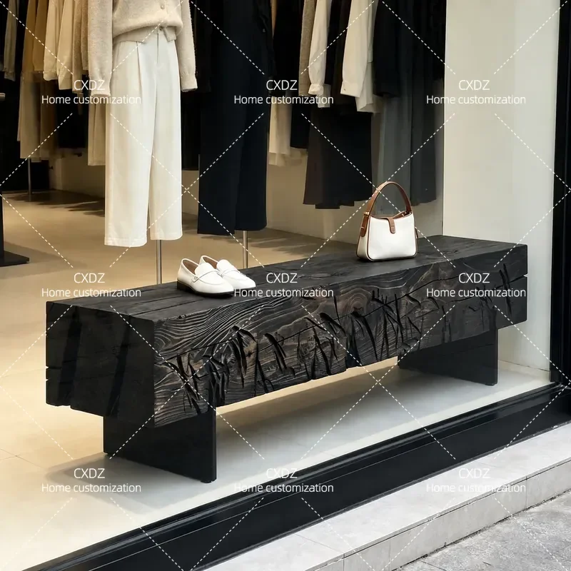 Solid Wood Bench Bench Carbonized Wood Smoked Wabi Sabi Wind Clothing Store Display Shoe Changing Stool Log TV Cabinet