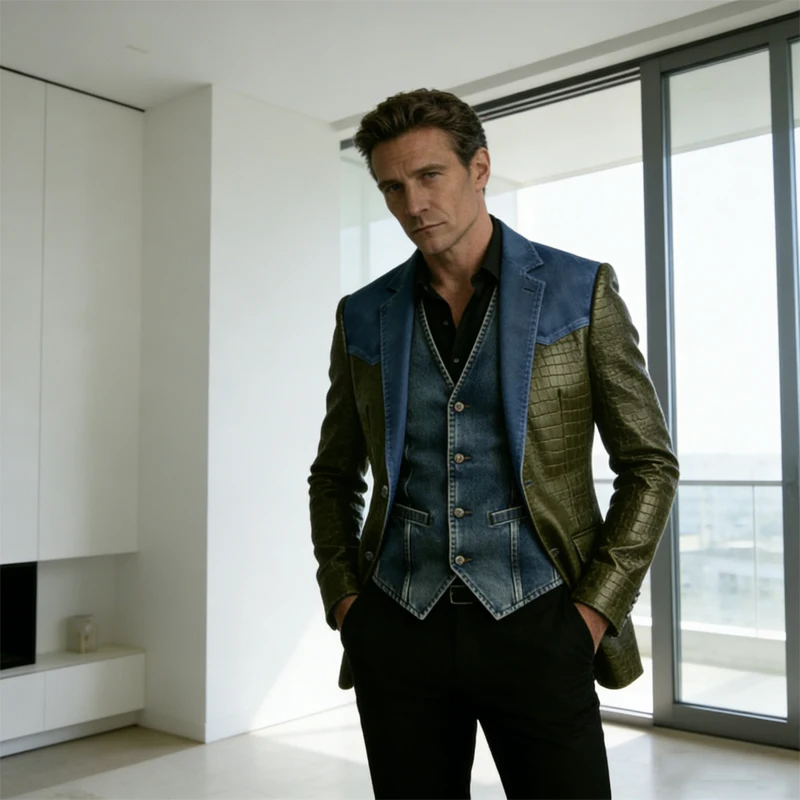 

Men's Crocodile Embossed PU Leather Blazer Shoulder Denim Patchwork Notch Lapel Flap Pocket Jacket Business Casual Suit Coat