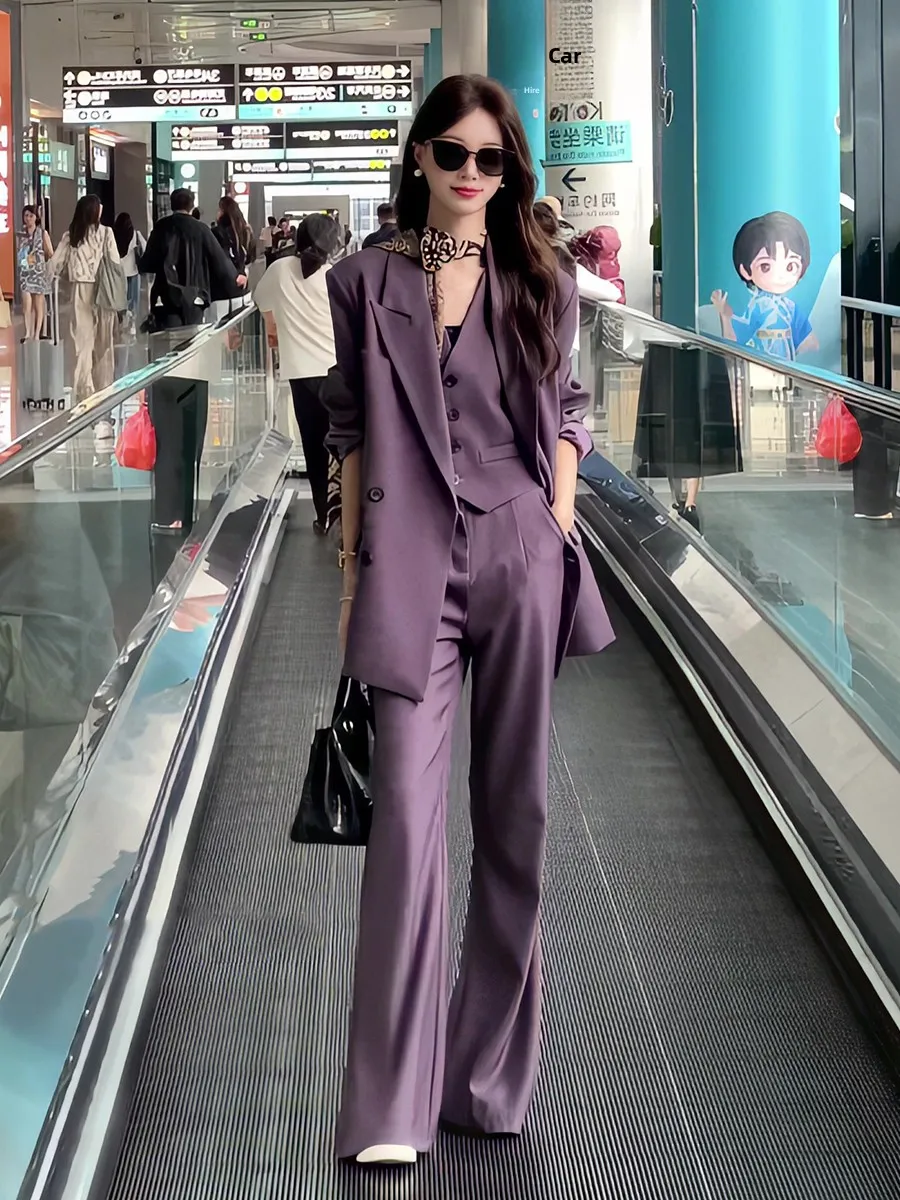 

Spring Autumn 2026 Women's Slim Fit Suit Jacket Single Button Vest Flared Pants Three Piece Set Fashionable Commute Style