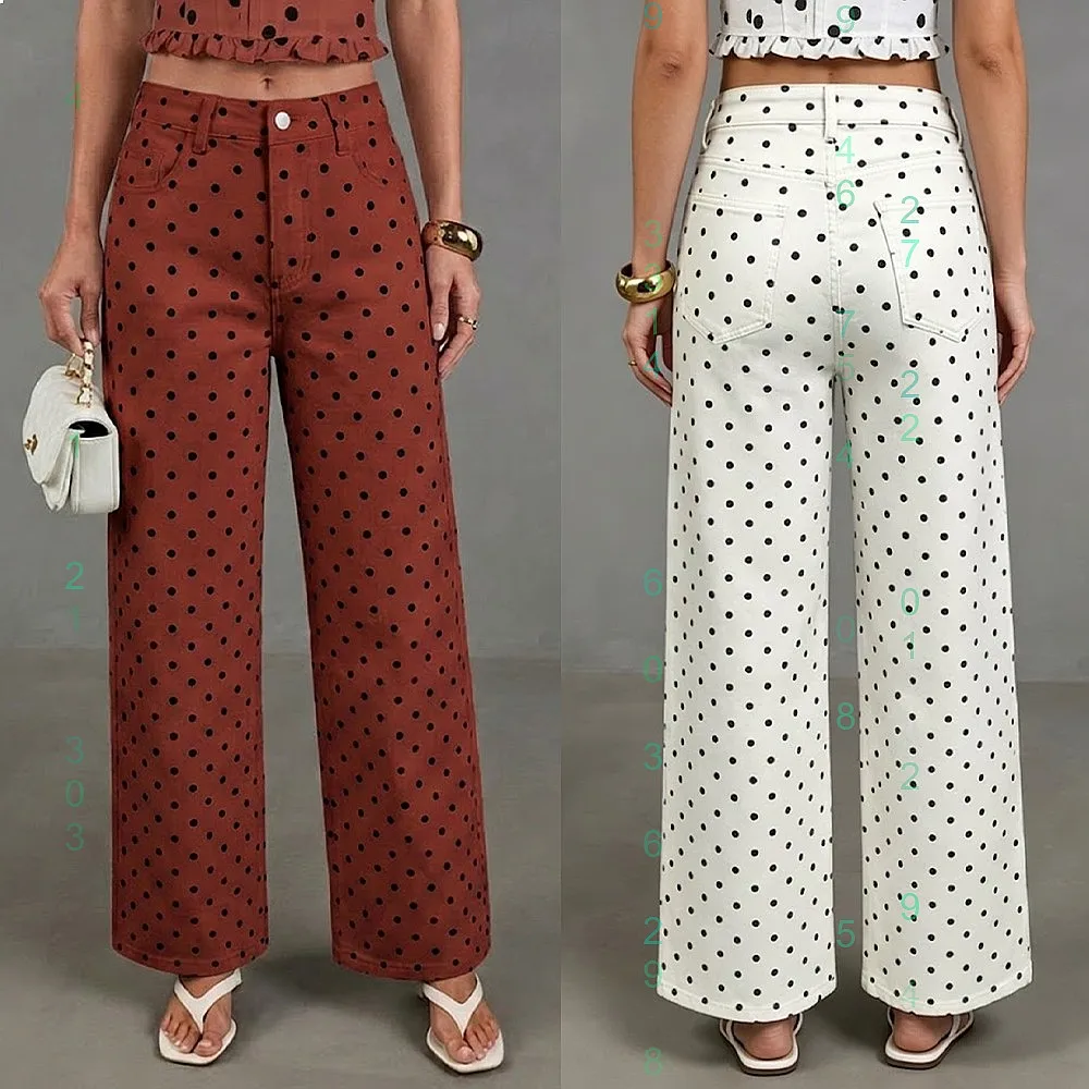 Cross 2026 Spring Summer Polka Dot High Waist Wide Leg Jeans Women Washed Loose Slim Straight Pants