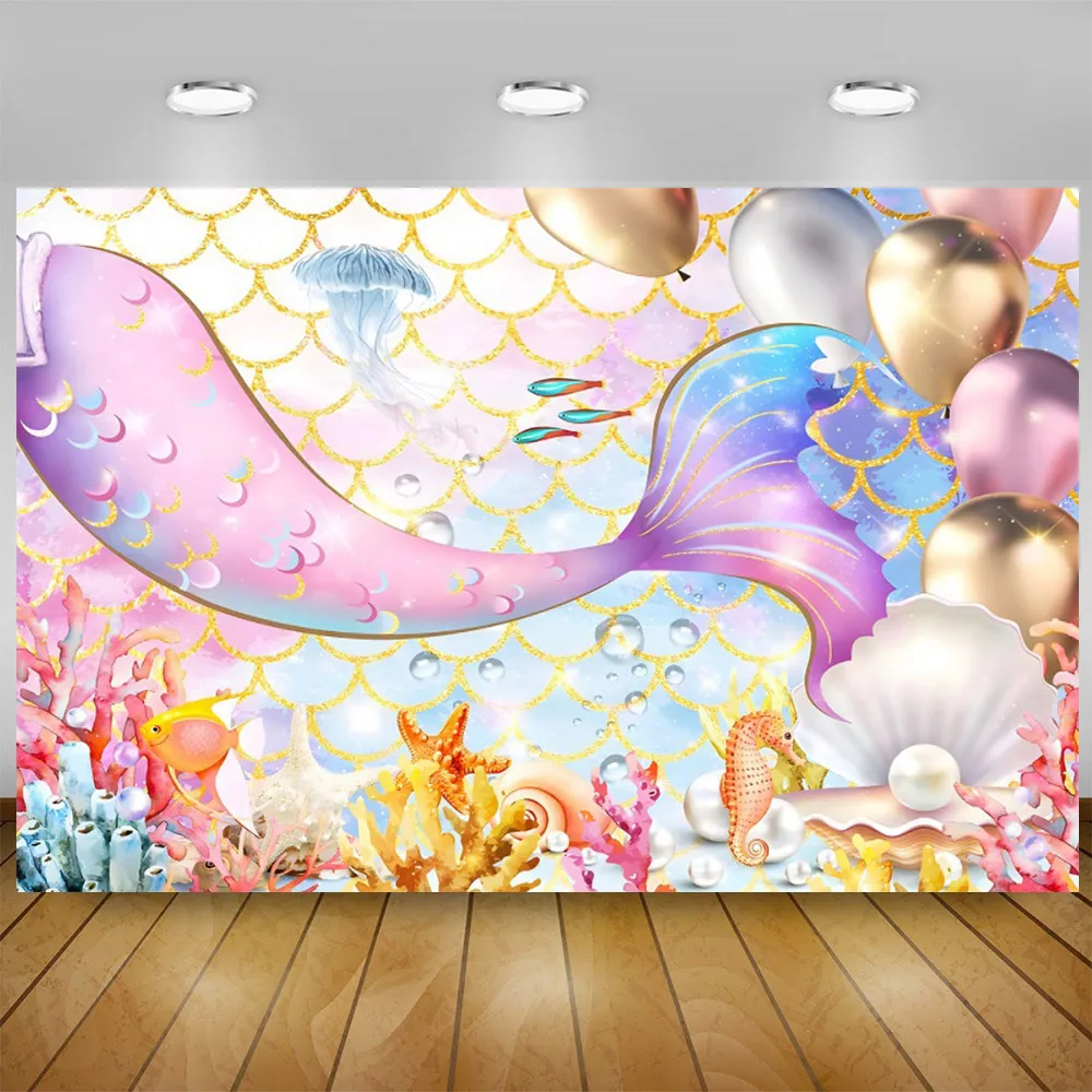 Little Mermaid Theme Girls Birthday Party Under the Sea Scale Shell Newborn Baby Shower Wedding Background Photography Props