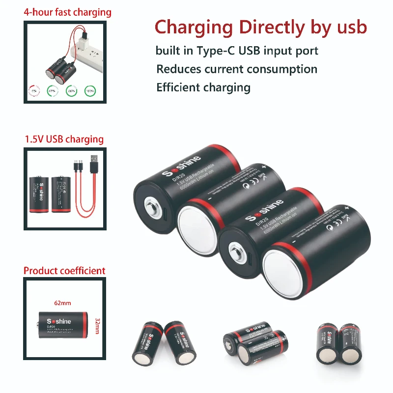 

Original 1.5V USB 2-in-1 D Size LR20 Rechargeable Lithium Battery 6000mWh Charging Cable for Electric Guitar Microphone