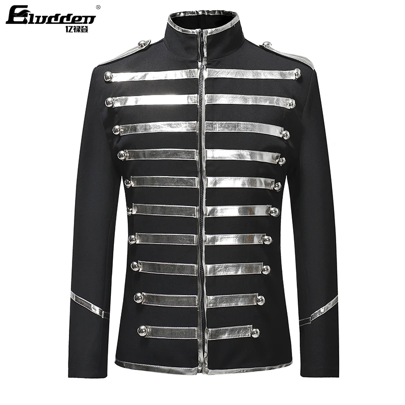 Men\'s Gold Leather Strips Suit Blazers Zip Fly Drama Costume Party Coat Men Glossy Silver Stripe Coat Jackets Singer Stage Dress