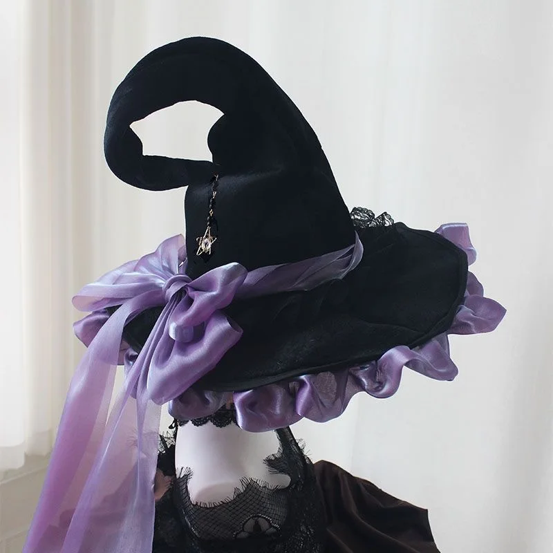 1pcs Velvet Handmade Wide Brim Witch Hat Halloween Gothic Dark Headwear 45cm Ruffled Brim Gradient Purple Tulle Bow Pentagram