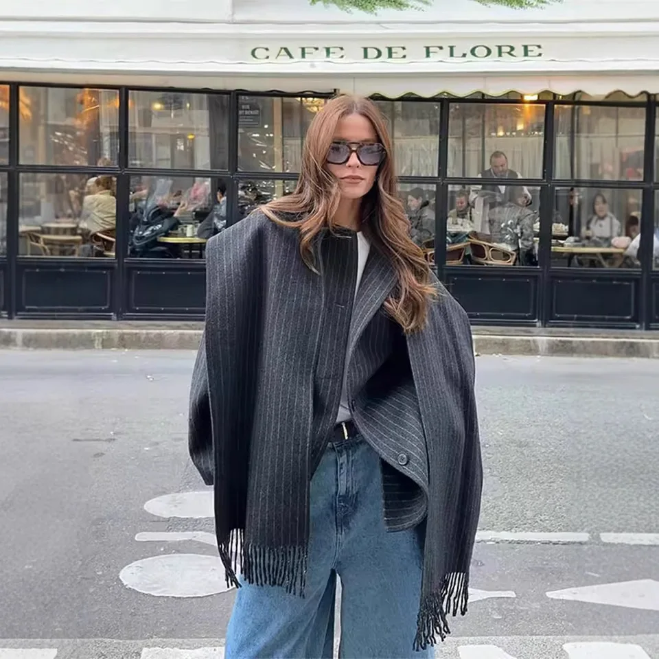 

Women's Autumn 2025 New Fashion Temperament Striped Tweed Scarf Loose Jacket