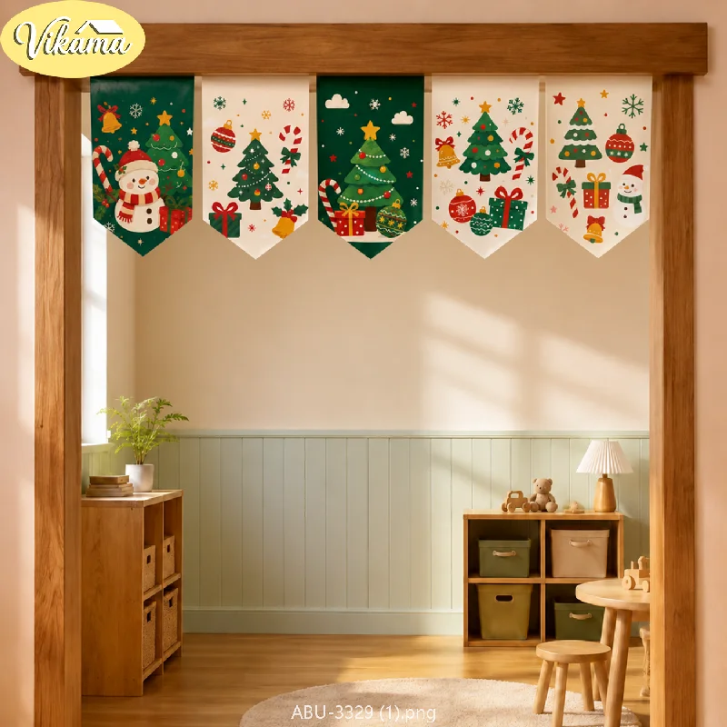 VIKAMA Christmas Pennant Banner Cartoon Snowman Christmas Tree Design Pennant Curtain Hanging Festive Party Wall Home Decor