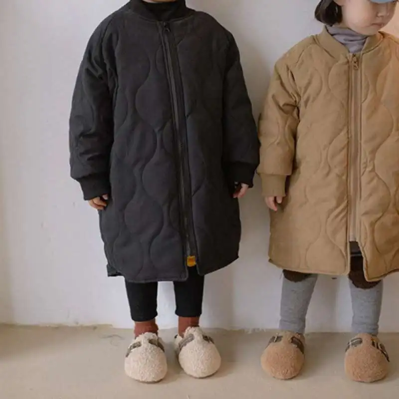 2023 Winter New Children Mid-length Cotton Coat Men and Women Treasure Padded Warm Cotton Clothes Loose Coat