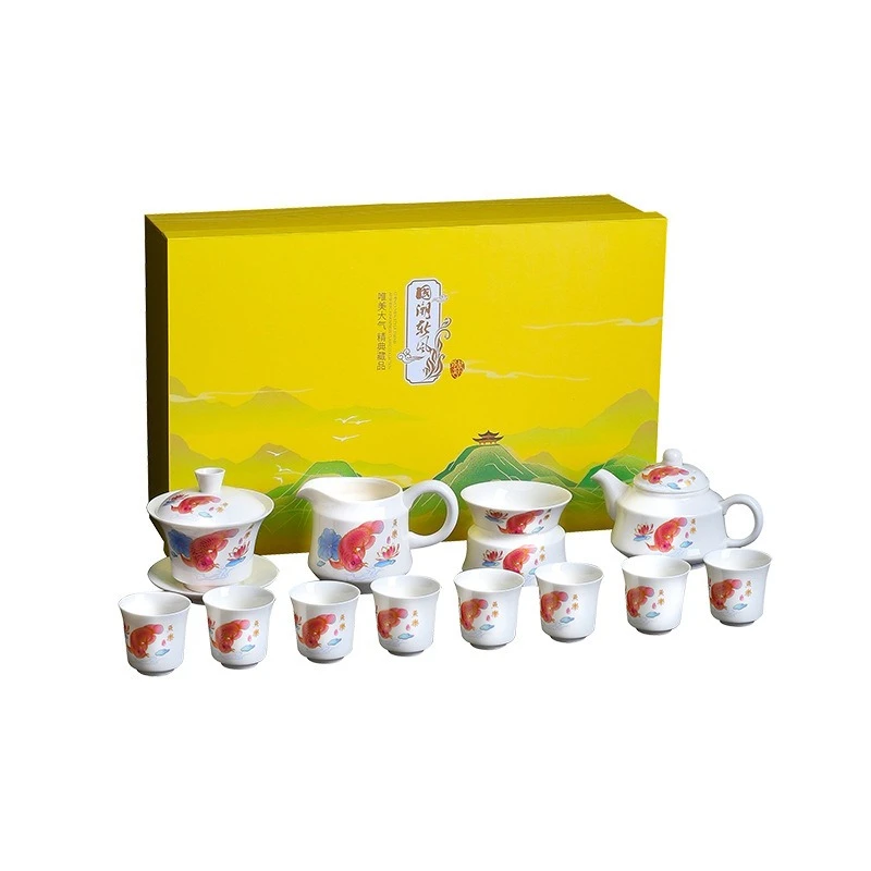 White porcelain tea set, company annual meeting tea set, gift box, Guochao Kung Fu tea set cover bowl large set