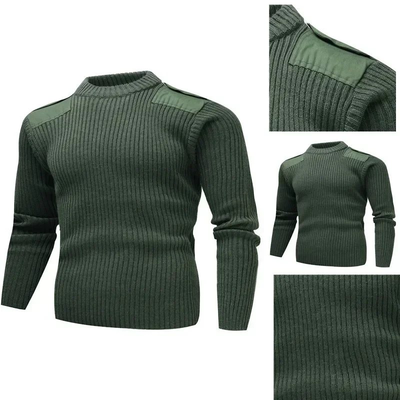 Sweater Men's Long Sleeved Knitted Pullover Winter Wool Patch Retro Green O-neck Sweater Winter Sweater Men's Pullover