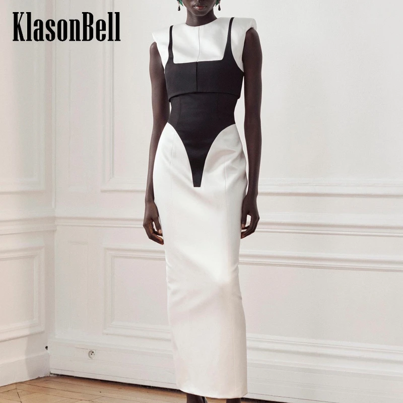 

5.17 KlasonBell Classic Black White Spliced O-Neck Long Dress Temperament Shoulder Pads Detachable Slim Split Dress Women