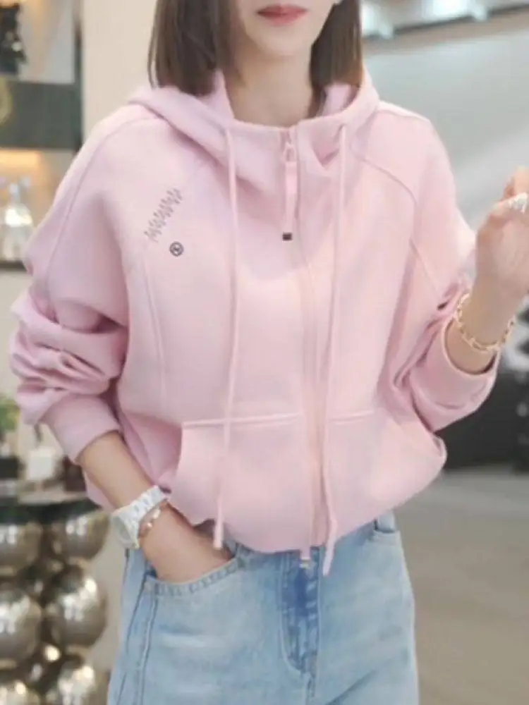 

Spring 2026 Women's Faionable Pink Hoodie Sweatirt Casual Loose Versatile ort Outerwear Korean Sle Long Sve Zipper