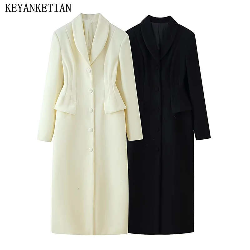 

KEYANKETIAN Autumn new women's clothing lapel long sleeved single breasted pleated pocket decoration long woolen coat women