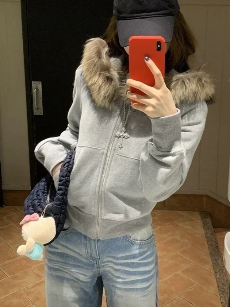 Y2K Vintage Faux Fur Hoodie Women Casual Gray Removable Collar Jacket Fashion Cropped Zip Up Sweatshirt Autumn Winter Tops New