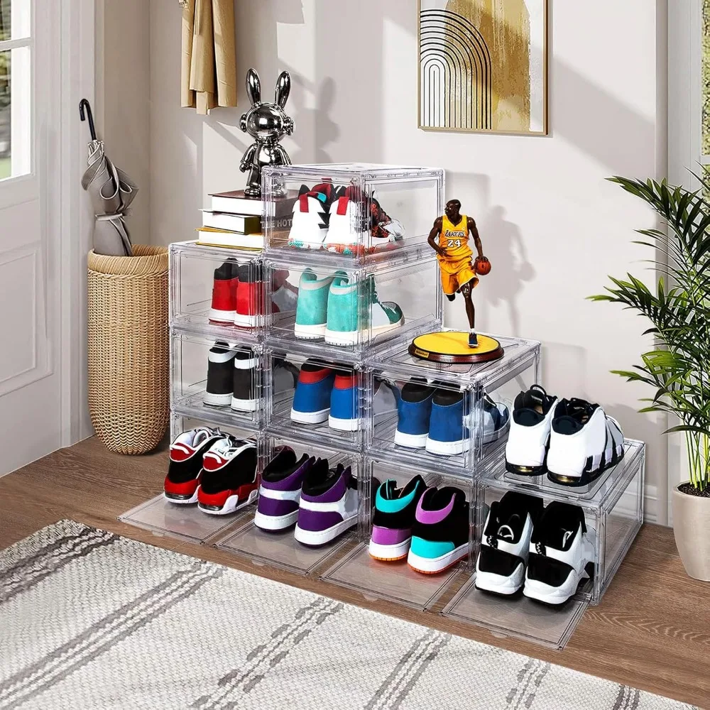 Clear Acrylic Shoe Storage Boxes - 12 Pack, Drop Front Design for Easy Access, Stackable Sneaker Organizers