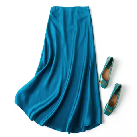 Women's 100% Mulberry Silk Skirt 19 Momme Solid Color Peacock Blue Summer Beach Fishtail Office Lady L XL MM878
