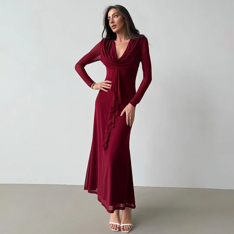 

Heaps Collar Pleated Net Women's Evening Dress Long Sleeve High Waist Bandage Gown Red Black Party Skirt New Arrival In Stock