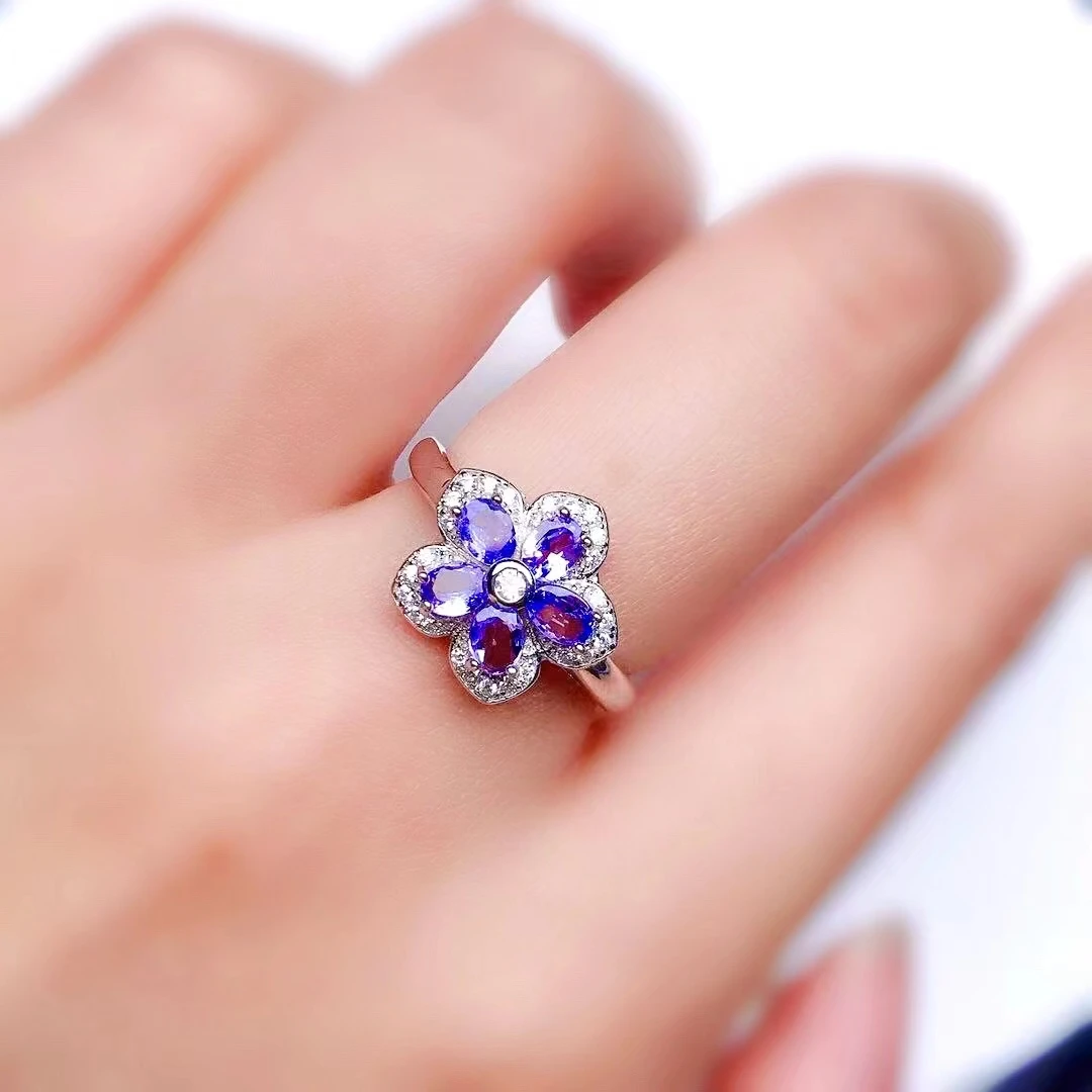 

Fashion Silver Flower Ring 5 Pieces Natural Tanzanite Ring for Party Solid 925 Silver Tanzanite Jewelry 3mm*4mm Gift for Womann